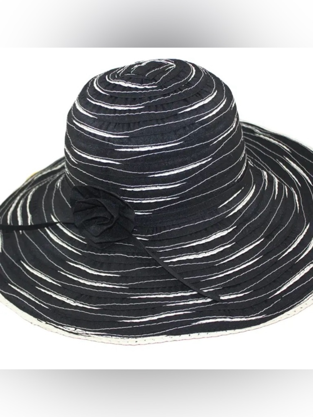 Women’s Black and cream Striped Sun Hat with Floral Accent
